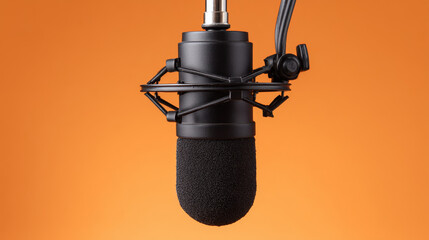 "Studio microphone with a black foam windscreen, suspended against an orange background, ideal for podcasting, broadcasting, or voice recording."