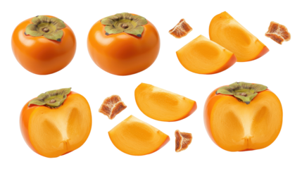 Bright orange persimmons shown whole and sliced