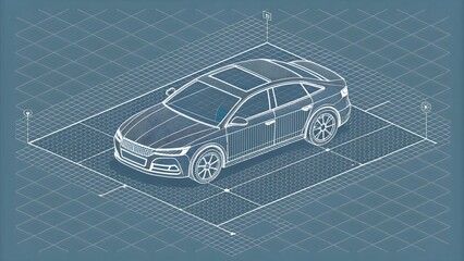 Isometric blueprint illustration of a modern car on a minimalist grid background. 