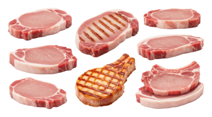 Assorted raw pork chops and grilled steak among several raw meat slices on transparent background