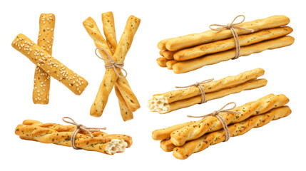 Several baked, sesame-topped breadsticks in golden bundles tied with twine on transparent background