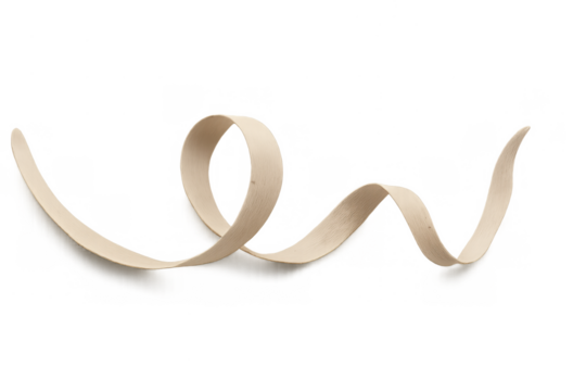 Wood shaving forming a beige decorative spiral curl with elegant twisted ribbon-like shape on transparent background