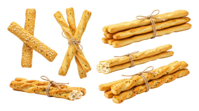 Several baked, sesame-topped breadsticks in golden bundles tied with twine on transparent background