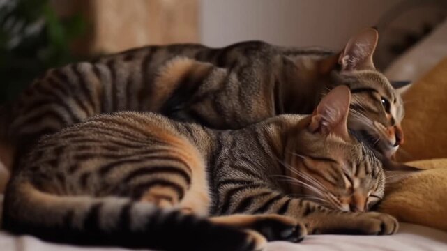 Two lovely cats snuggling close together, enjoying a moment of peaceful rest. Their coats showcase intricate patterns, adding to their beauty Stock Video