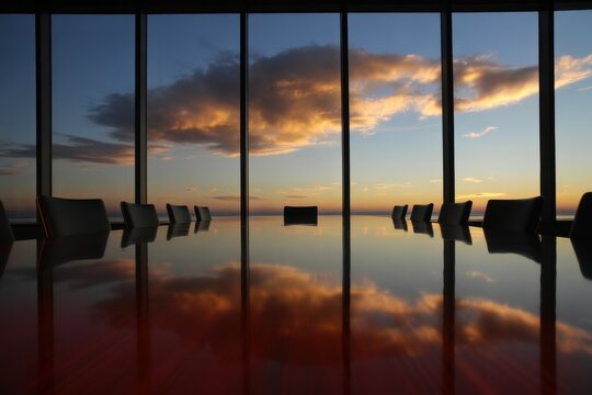 Inspiring boardroom meeting at sunset with stunning sky view, a powerful image for leadership, strategy, and corporate success in a modern setting