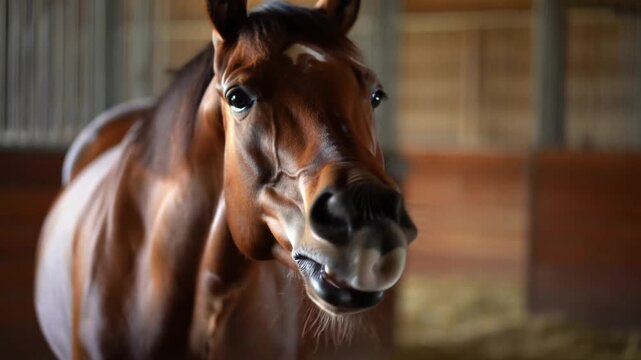 A majestic horse displaying expressive emotions inside a stable setting Stock Video