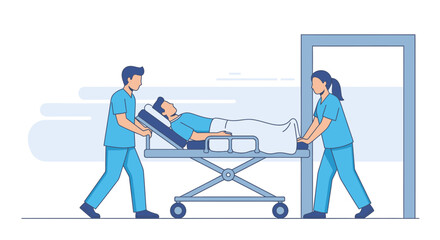 Obraz premium Medical Personnel Transporting Patient on Stretcher Through Open Doorway in Hospital