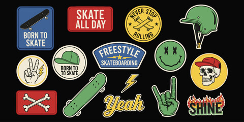 Skateboarding stickers, bold graphics, rebellious style, freestyle culture, colorful icons, youth energy, flat vector illustration, black background design