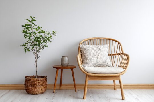Natural wicker chair and potted plant accent a minimalist indoor space with white walls