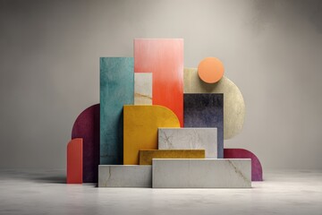 A Theatrical Spotlight Illuminates a Modernist Composition of Colorful, Textured Geometric Shapes.
