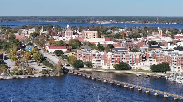 Drone footage of Downtown New Bern NC, with river and marina