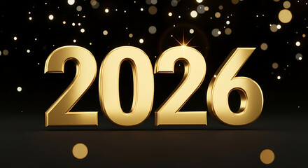 Shiny golden 2026 number on festive bokeh lights dark background design