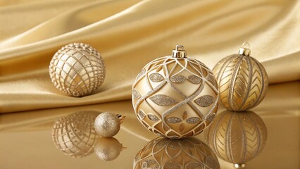 Luxurious gold christmas ornaments on reflective surface with draped satin silk background.