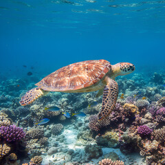 Obraz premium A colorful sea turtle glides peacefully above a thriving coral reef, surrounded by tropical fish in clear, bright blue ocean water. 