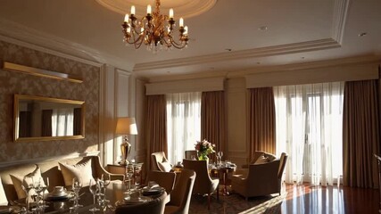  Slow pan of an elegant and luxurious dining room with classic furniture, a set table, and a crystal chandelier as bright sunlight shines through the large windows. - Powered by Adobe