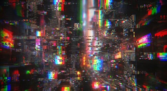 Intense digital distortion with vibrant glitch effects and rainbow colors for a modern tech feel perfect for cyberpunk or futuristic backgrounds