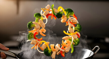 Stir-fried vegetables and shrimp tossed in a wok with steam.