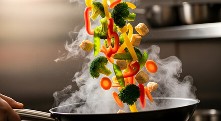 Dynamic action of tossing fresh vegetables in a steaming hot pan.