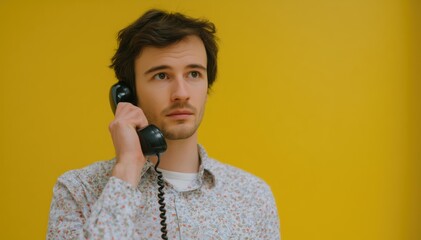 A man on the line. Important phone call. Hold up. A male has a conversation via vintage cord telephone. Old, vintage accessory