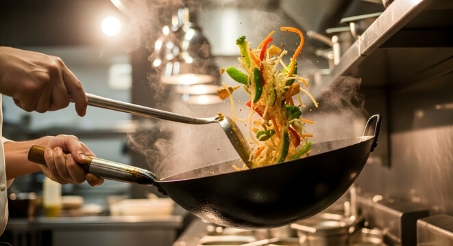 Professional chef expertly tossing a colorful stir fry in a steaming wok.