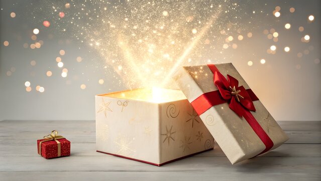  magical and enchanting scene featuring an open gift box with dazzling golden light and sparkling particles emanating upwards, as if revealing a wondrous surprise. 