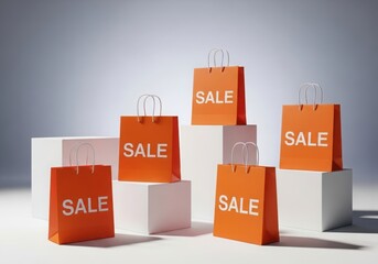Orange shopping bags with sale text on white blocks