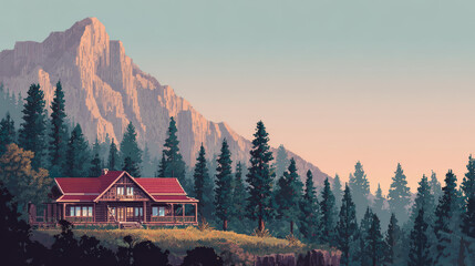 “Morning scene of a house with mountains and trees in front view.”