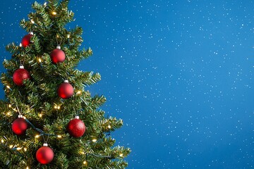 Decorated Christmas Tree with Red Ornaments Against a Blue Starry Background
