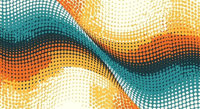Dynamic halftone pattern with vibrant orange, teal, and yellow waves creates a retro modern feel perfect for backgrounds and creative designs