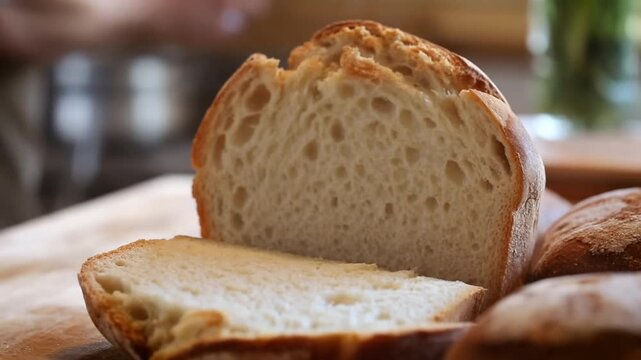 Freshly baked bread with a slice cut and ready to serve, representing the essence of home cooking and delightful breakfast Stock Video