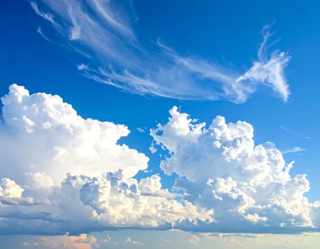 Deep azure sky filled with fluffy white clouds, wisps