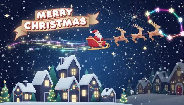 Merry christmas scene with santa and reindeer flying over snowy village at night