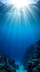 Deep ocean scene; sun rays beaming down through vibrant blue water
