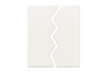 White paper sheet ripped vertically in two pieces with a jagged, zigzag tear, symbolizing separation, disagreement, or struggle
