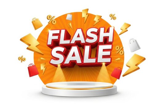 Flash sale announcement with shopping bags and lightning bolts