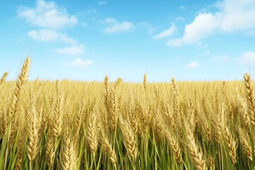 Golden Wheat Field Under Clear Blue Sky with Fluffy Clouds