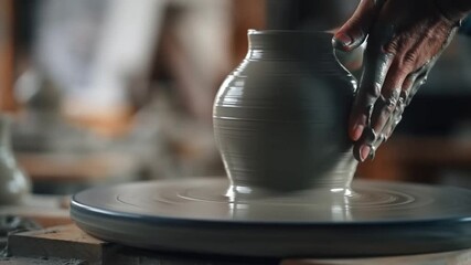 A skilled potter shaping a clay pot on a pottery wheel. The artist's hands mold the wet clay into a beautiful form, demonstrating creativity Stock Video - Powered by Adobe