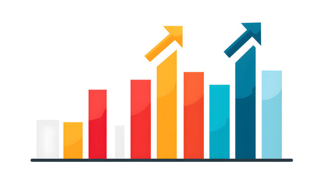 Minimal flat-style clipart of financial growth bar chart with upward arrow, clean lines, bold colors, modern business infographic style, isolated on white.