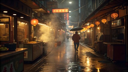 Experience the vibrant sights and sounds of a bustling Asian street market on a rainy evening