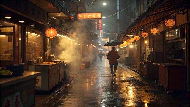 Experience the vibrant sights and sounds of a bustling Asian street market on a rainy evening