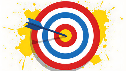 Flat vector clipart of target with arrow hitting the center, bold simple shapes, bright corporate colors, business success metaphor, isolated on white.