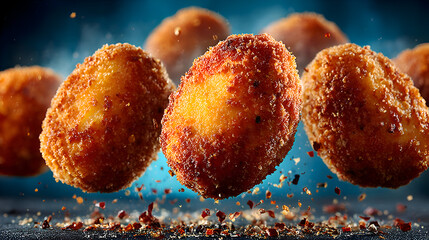 Golden Fried Eggs, Crispy Coated, Floating over Dark Surface with Chili Flakes against Blue Background