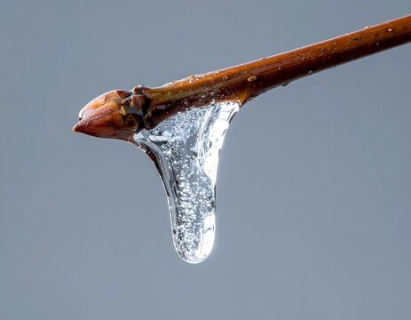 Close up of a frozen tree branch with icicles forming - Powered by Adobe