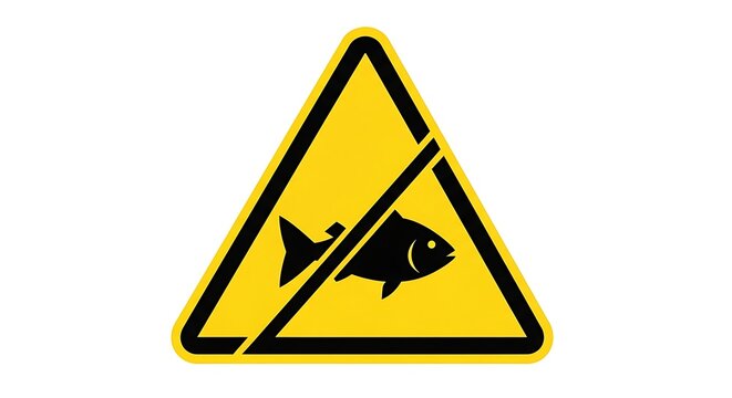 Warning fish prohibited no fishing area sign caution symbol yellow triangle safety regulations.