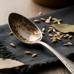 A close-up of a tarnished silver spoon with scattered sunflower seeds on a textured dark fabric surface, creating a rustic and natural aesthetic
