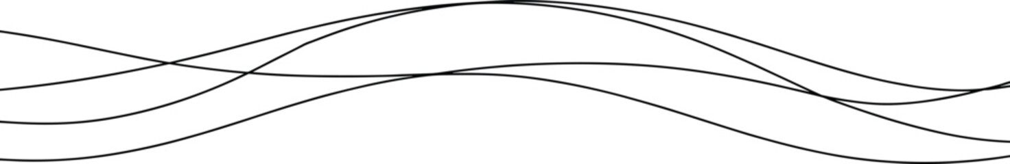 Abstract wavy lines, thin black curve set, simple line art element, minimalist wave, water, wind, sound wave vector illustration.