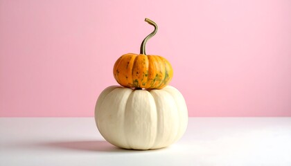 Autumnal Still Life - Two Pumpkins Stacked on Pink Background.