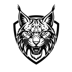 A logo featuring a stylized lynx head, executed in bold monochrome lines, showcasing its sharp features and wild expression. Lynx head, wild cat, predator logo, animal emblem, feline symbol