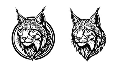 A logo featuring a stylized lynx head, executed in bold monochrome lines, showcasing its sharp features and wild expression. Lynx head, wild cat, predator logo, animal emblem, feline symbol