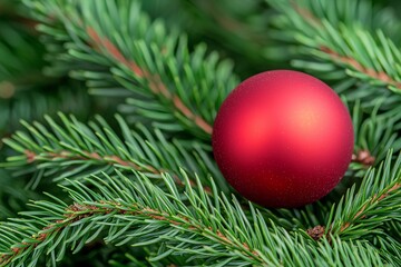 Red Christmas Ornament on Green Pine Tree Branch Holiday Decoration